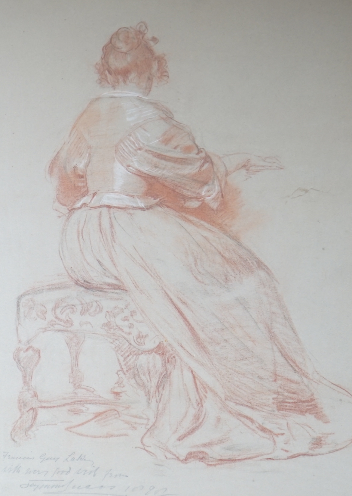 John Seymour Lucas (1849-1923), heightened sanguine chalk, Study of a seated lady, inscribed and signed in pencil, 51 x 36cm